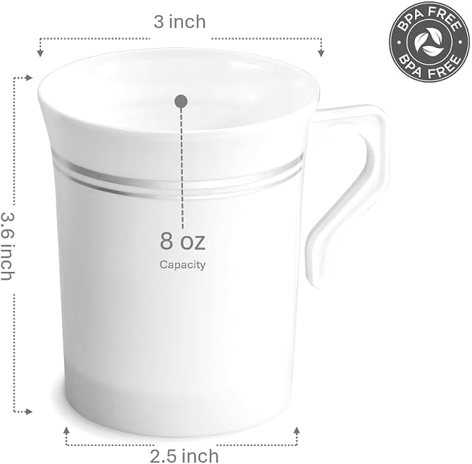 OCCASIONS 40 Pack Disposable Tea Cups 8oz with Handles, Fancy Plastic Coffee Mugs for Wedding Party Bridal Shower, Heavy Duty BPA-Free Hot & Cold, China-Like Look (White Silver Rim)