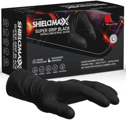 Heavy Duty Nitrile Gloves – 8 Mil Black Industrial Gloves, Powder& Latex Free, Non-Sterile, Diamond Texture Grip