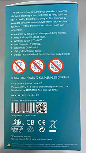 Pursonic S750 Sonic Toothbrush (White) — Smart Series Electronic Power Rechargeable Battery Toothbrus for Adults — 12 Bonus Brush Head