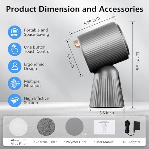 Portable Range Hood, Desktop Range Hood with 3 Wind Speed, One Button Control, Detachable Filters, Portable Kitchen Exhaust Fan for Indoor BBQ, Hot Pot, Grey