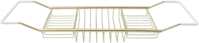Cabilock Luxury Stainless Steel Bathtub Caddy Tray - 24.8in Expandable Modern Bath Rack for Tub with Wine Glass & Book Holder - Rustproof Shower Organizer & Tablet Stand for Home Spa, Gold