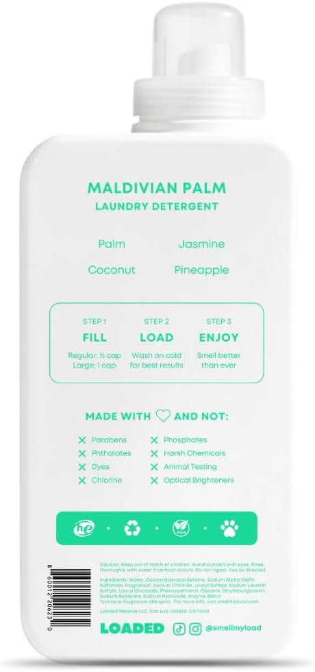 Loaded Laundry Detergent, Luxury Cologne & Perfume Scented | 50 Loads | Coconut & Palm | Skin-Friendly & Plant-Based | Made in USA | 32 oz
