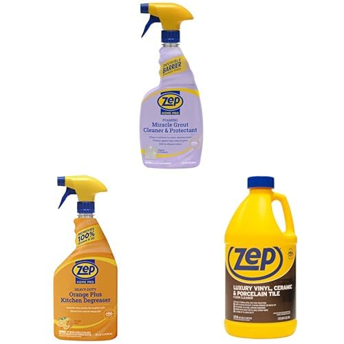 Zep Home Pro Foaming Miracle Grout Cleaner & Protectant + Home Pro Orange Plus Kitchen Degreaser + Luxury Vinyl, Ceramic and Porcelain Floor Cleaner - R54206 32 oz, R49506 24 oz & ZULVCP64 64 oz