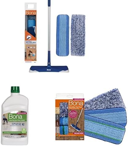 Bona Microfiber Floor Mop for Dry and Wet Floor Cleaning - Microfiber Cleaning Pad and Microfiber Dusting Pad + Multi-Surface High Gloss Floor Polish 32 fl oz + Microfiber Pad Multi-Surface Floors