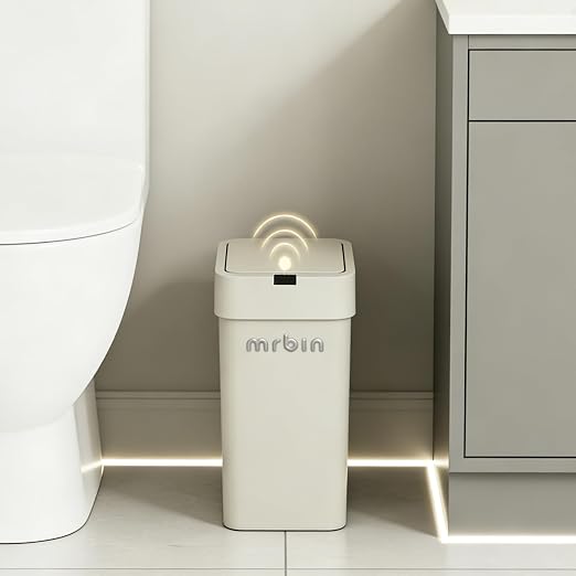 MRBIN Motion Sensor Bathroom Trash Can with Lid, 9L/2.4gal Automatic Plastic Slim Covered Electric Waste Basket, Narrow Rectangle Garbage Bin Under Desk for Small Office, Bedroom, Kitchen, Rv, Gray
