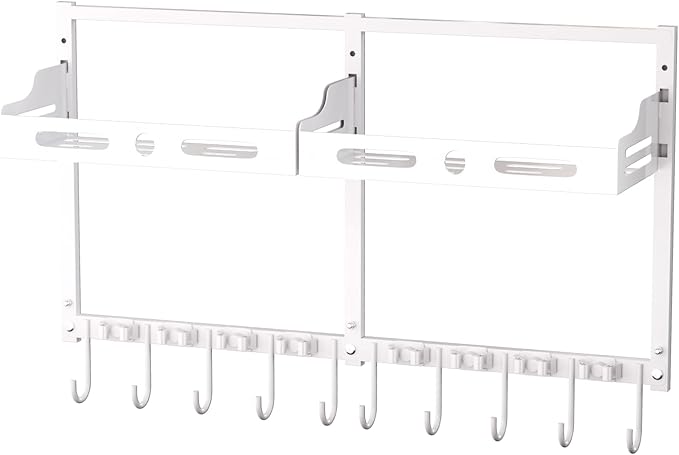 Heavy Duty Wall Mount Broom & Mop Organizer with Gripper Hooks & Storage Shelf for Garage, Kitchen, Laundry Room, White