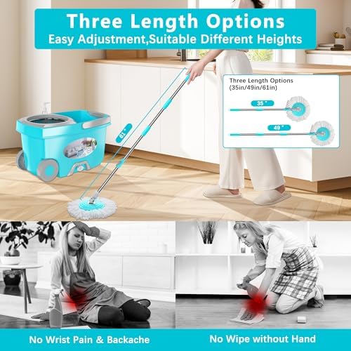 Spin Mop Separate Dirty Water and FunClean Mop Bucket with 12 Microfiber Replacement Head Refills,61" Extended Handle