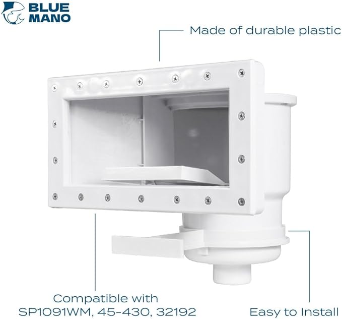 Blue Mano Wide Mouth Above Ground Pool Skimmer Complete Kit, Replacement for SP1091WM Dyna-Skim, 45-430, 32192, Opening Width 14" Fits for All Wide Standard Pool Wall