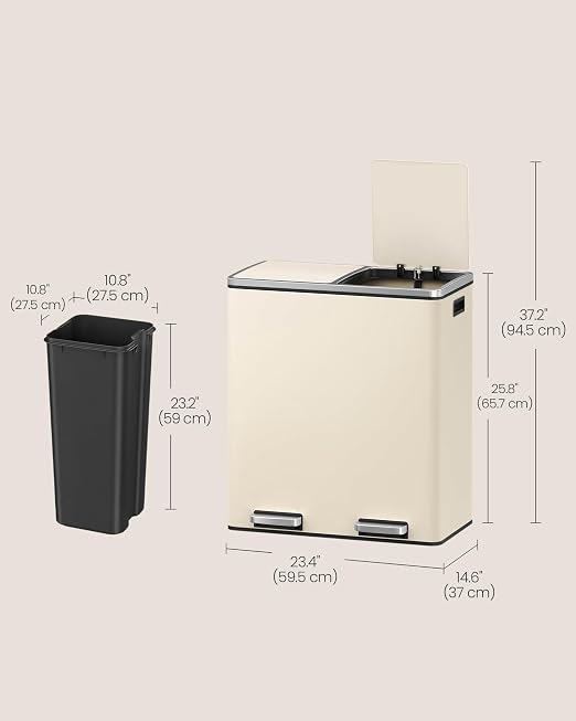 SONGMICS HOME Trash Can with 2 Compartments for Kitchen, Garbage Can with 15 Trash Bags, Beige