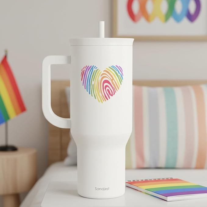 SANDJEST LGBT 40oz Tumbler with Handle and Straw, Insulated Stainless Steel Travel Coffee Mug for Gay Lesbian Adults Friends, Gift Idea for Birthday Christmas Pride Month (Heart Fingerprints)