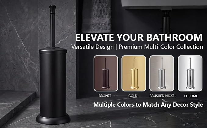 Toilet Brush and Holder Set,304 Stainless Steel Heavy Duty Toilet Brush,Extra Long Handle Toilet Bowl Brush and Holder for Bathroom,Durable,Deep Cleaning,Extra Dense Bristles (Black)