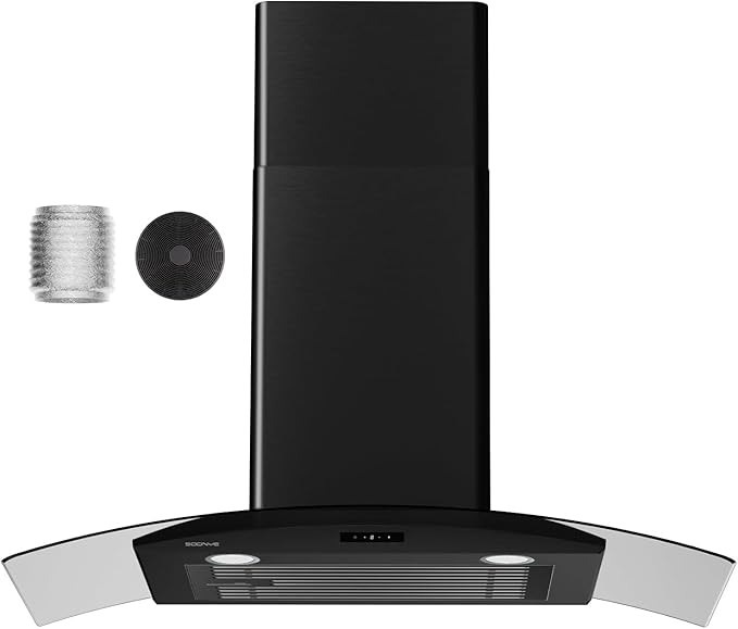 30 Inch Wall Mounted Curved Glass Black Range Hood with 450 CFM Stainless Steel kitchen Ductless/Ducted Convertible with 3 Speeds Extract Fan & Touch Control