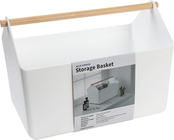BLUE GINKGO Multipurpose Storage Baskets - Large Plastic Storage Bins with Wooden Handles | Home, Kitchen, Bathroom, Nursery, Toy Storage Organizer (10.5L, Made in Korea) - White