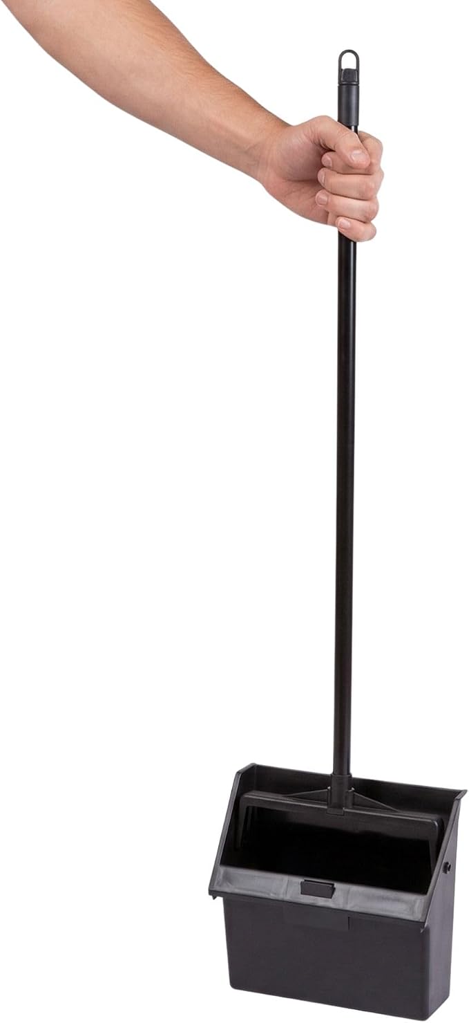 Restaurantware RW Clean 11.8 x 11 x 34 Inch Stand Up Dustpan 1 With Handle Lobby Dustpan - Broom Sold Separately With Broom Clip Black Plastic Long Handle Dust Pan Lightweight Heavy-Duty