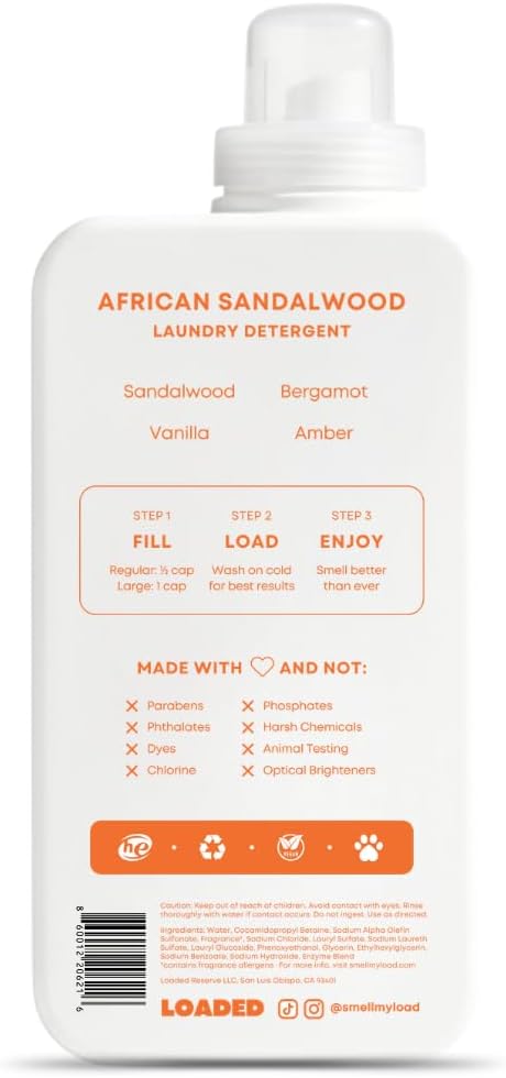 Loaded Laundry Detergent, Luxury Cologne Scented | 50 Loads | Sandalwood & Vanilla | Skin-Friendly & Plant-Based | Made in USA | 32 oz