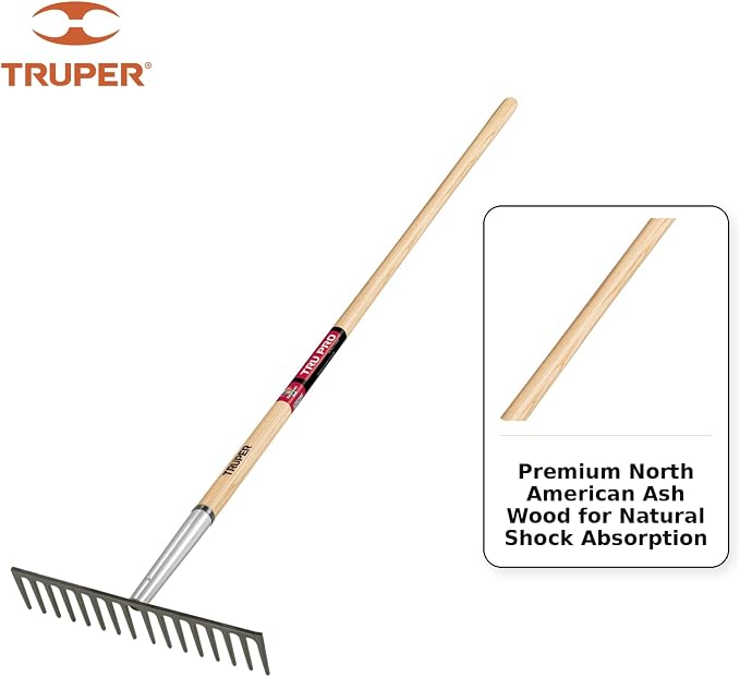Truper TruPro 16-Tine Heavy-Duty Road Rake, 66-Inch Premium North American Ash Wood Long Handle, Professional Level Head Asphalt, Gravel, and Landscape Grading Tool (Model 33126 / R-16MXX)