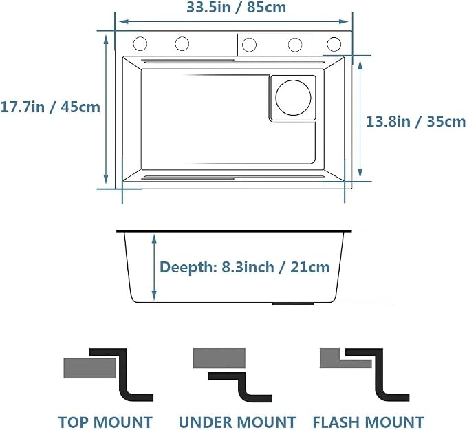 Black Waterfall Kitchen Sink, Drop in Single Bowl Stainless Steel Bar Sink with Cup Washer Sinks, Topmount Workstation Kitchen Sink with Accessories (Size : 33.5 x 17.7in)