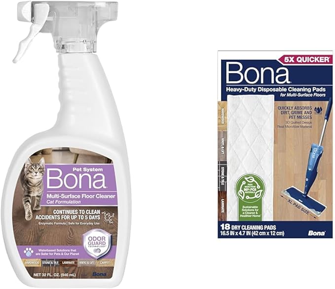 Bundle of Bona Pet System Multi-Surface Floor Cleaner, Cat Formulation 32 fl Oz + Bona Multi-Surface Floor Cleaning Pads - 18 Refills - Heavy-Duty, Disposable, Microfiber Pads for Easy Floor Cleaning