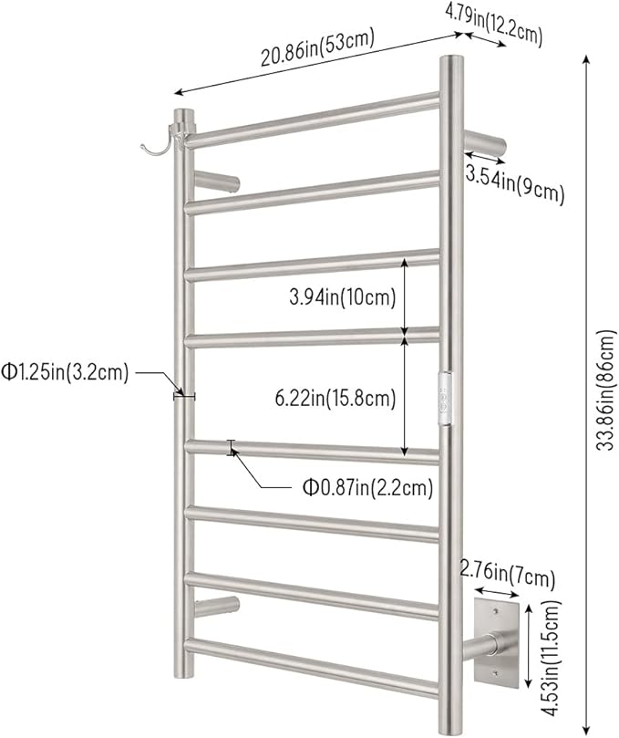 8-Bar Towel Warmer Plug-in Hardwired 3 Modes Brushed Steel 21”W 34”H | NORTTA 8-Bar Towel Warmer Plug-in Hardwired 3 Modes Brushed Steel 21”W 34”H