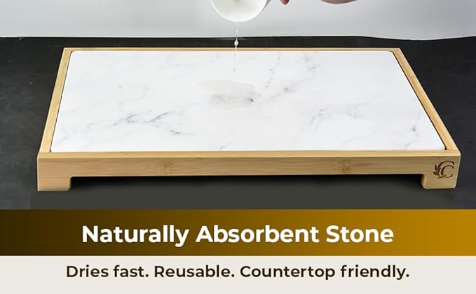 Premium Dish Drying Stone for Kitchen Counter 20” x 14” | Fast Absorbing Stone Drying Mat with Bamboo Dish Rack | Dish Drying Mat Plus Bamboo Set