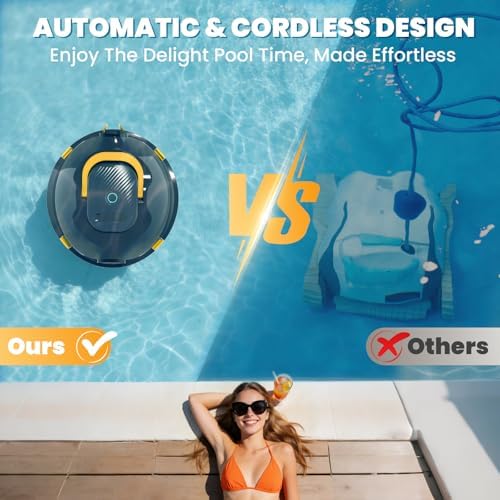 Y20 Robotic Pool Cleaner+Retrieval Hook, Cordless Pool Vacuum for Above Ground & Inground Flat Pools with Dual Motors, 130 Min Runtime, Auto-Parking