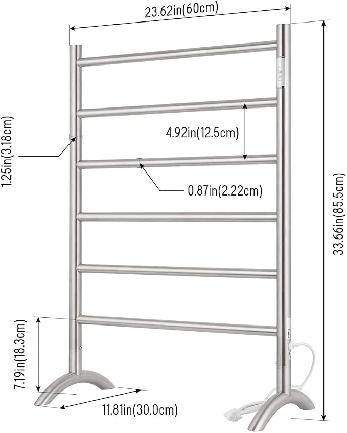 Freestanding Towel Warmer 6 Bars Plug-in Option 3 Working Modes Brushed Stainless Steel 24” W 34” H