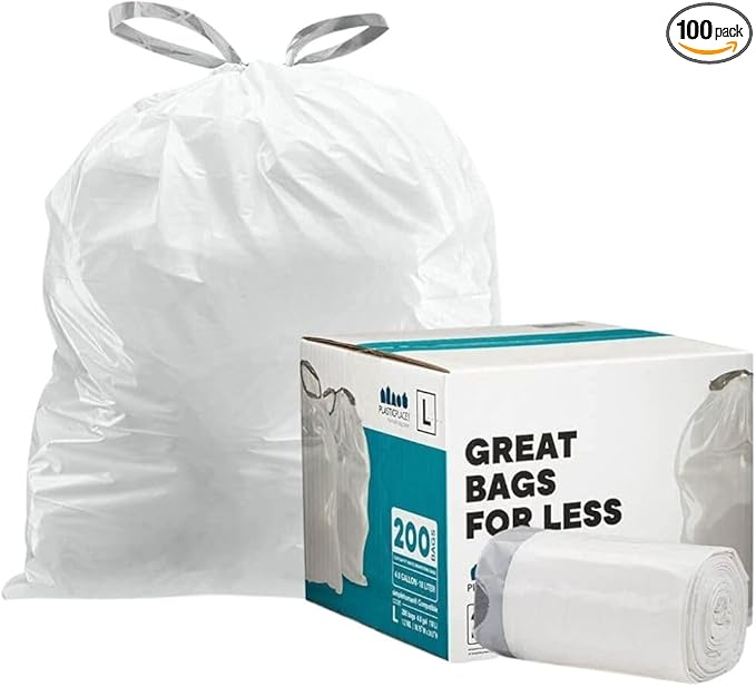 Plasticplace Custom Fit Trash Bags, Compatible with Simplehuman Code L (100 Count) White Drawstring Garbage Liners 4.8 Gallon / 18 Liters, 16.75" x 24.5"