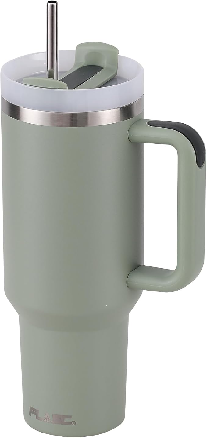 FLASC 40 oz Tumbler With Handle and Straw | 100% Leakproof Insulated Tumbler With Lid and Straw | Includes ALL Accessories: Stainless Steel Straw, Silicon Boot, Straw Cover & Cleaner (Bayleaf)