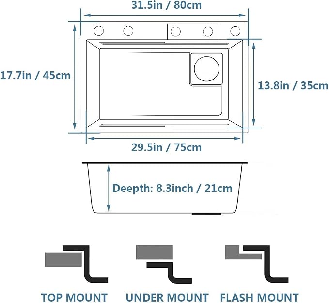 Black Waterfall Kitchen Sink, Drop in Single Bowl Stainless Steel Bar Sink with Cup Washer Sinks, Topmount Workstation Kitchen Sink with Accessories (Size : 31.5 x 17.7in)