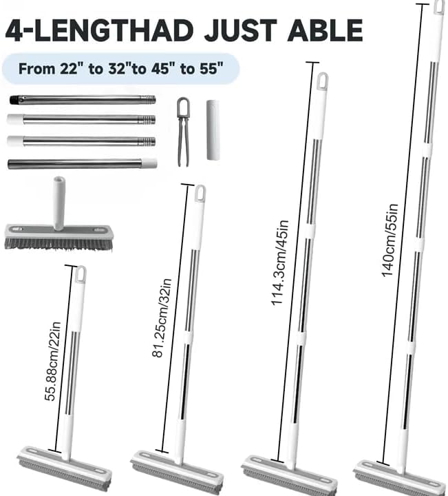 3 in 1 Floor Scrub Brush with Long Handle, Household Push Broom with V-Shaped Stiff Bristles, Detachable Head with Squeegee and Tweezer, Heavy Duty Scrubber Deck Brush for Bathroom Tile Patio Garage