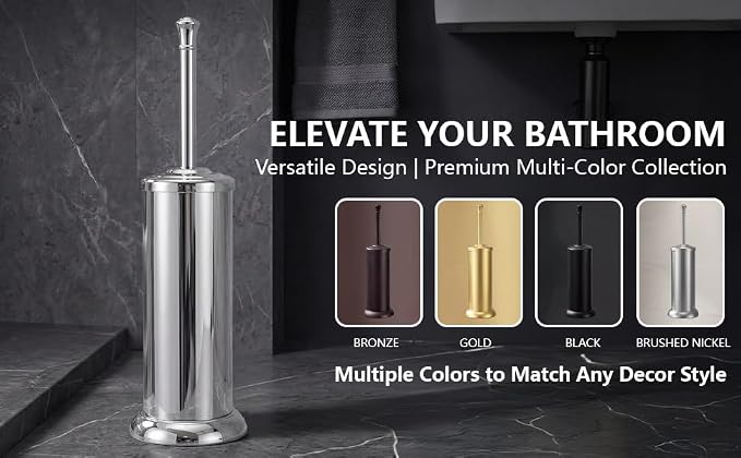 Toilet Brush and Holder Set,304 Stainless Steel Heavy Duty Toilet Brush,Extra Long Handle Toilet Bowl Brush and Holder for Bathroom,Durable,Deep Cleaning,Extra Dense Bristles (Chrome)