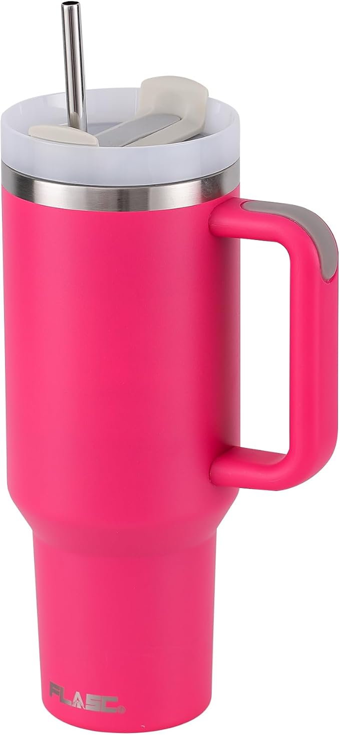 FLASC 40 oz Tumbler With Handle | 100% Leakproof Insulated Tumbler With Lid and Straw | Includes ALL Accessories: Stainless Steel Straw, Silicon Boot, Straw Cover & Cleaner (Hot Pink)