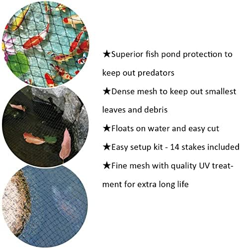 POYEE 15x20ft Pond Netting for Leaves Leaf Net Cover Pond Net with Small Fine Mesh Protecting Koi Fish from Birds Cats Stakes Included