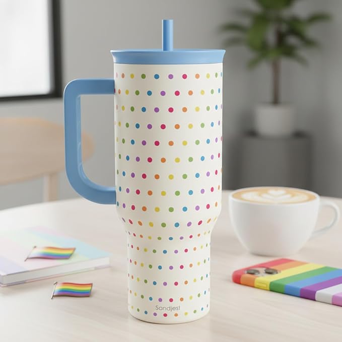 SANDJEST LGBT 40oz Tumbler with Handle and Straw, Insulated Stainless Steel Travel Coffee Mug for Gay Lesbian Adults Friends, Gift Idea for Birthday Christmas Pride Month (Polka Dot)