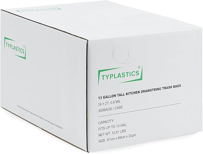 TYPLASTICS FleTex Tall Kitchen 13 Gallon Drawstring Trash Bags, 300 Bags, 24in x 27in, Unscented, White, Wholesale Pack (Heavy duty, 300 Count)