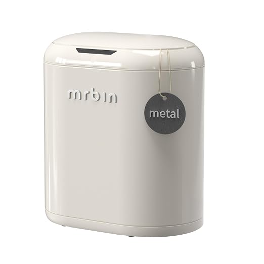 MRBIN Automatic Trash Can for Bathroom, Metal Touchless Garbage Bin with Lid, 3.2 Gallon Small Slim Trash Can for Office and Kitchen, Electric Motion Sensor Bedroom No Touch Bin, Cream White