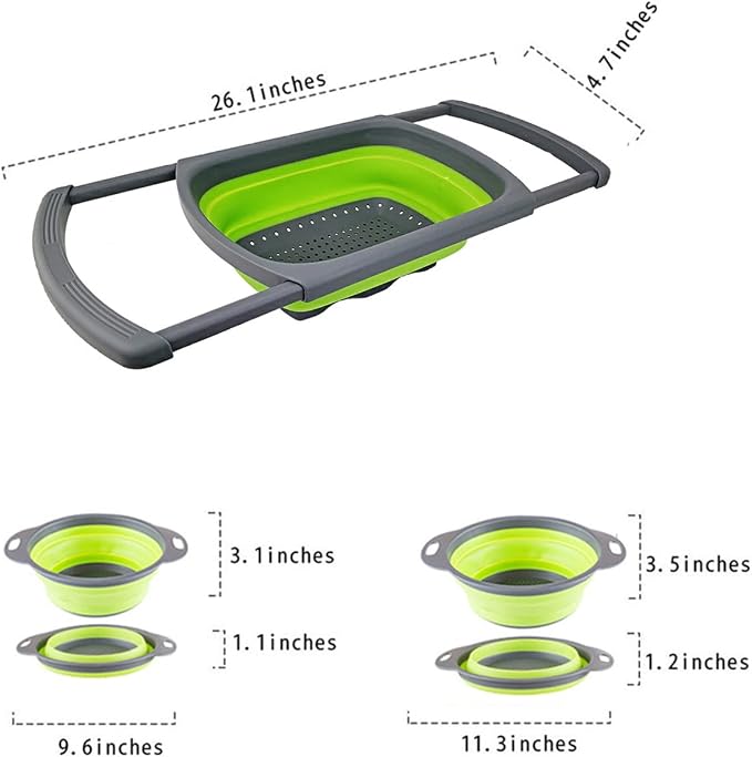 New Version 11Pack Silicone Kitchen Strainer Collapsible Colander with Foldable Silicone Measuring Spoon Measuring Cup Kitchen Good Tools (Green) 9.6 * 1.1