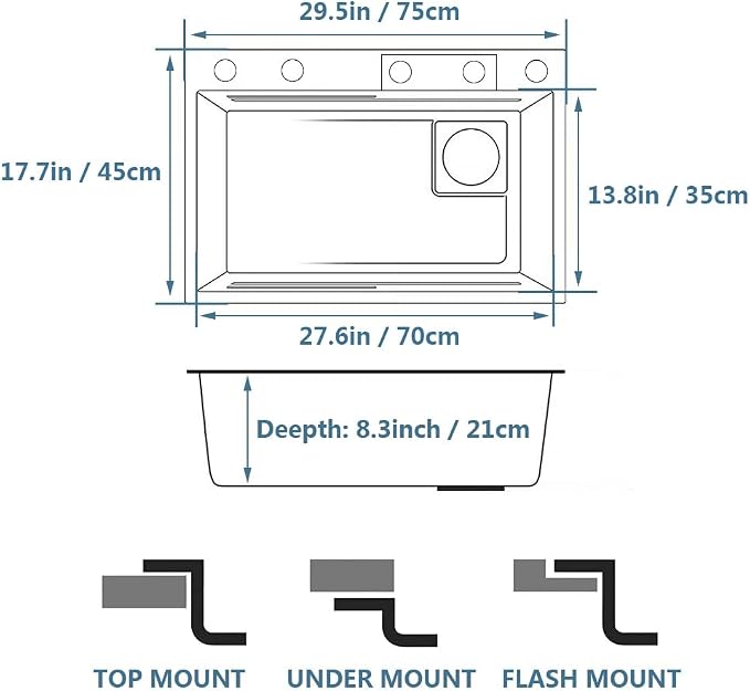 Black Waterfall Kitchen Sink, Drop in Single Bowl Stainless Steel Bar Sink with Cup Washer Sinks, Topmount Workstation Kitchen Sink with Accessories (Size : 29.5 x 17.7in)