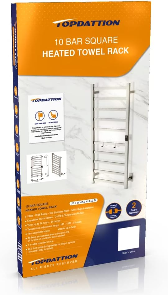 Topdattion Electric Towel Warmer | Super Thin | with Timer & Temperature Multi-Level Adjustments | Hardwired & Plug-in | 10 Bar | Matte Black Finish