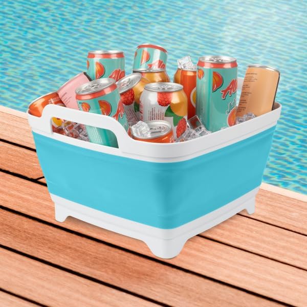 Collapsible Wash Basin - 9L Portable Sink with Drain - Plastic Tub Dish Pan for Camping, Handwashing Laundry, or Dishes by Wakeman Outdoors (Blue)