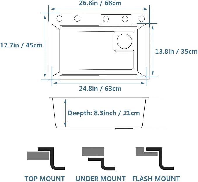 Black Waterfall Kitchen Sink, Drop in Single Bowl Stainless Steel Bar Sink with Cup Washer Sinks, Topmount Workstation Kitchen Sink with Accessories (Size : 26.8 x 17.7in)