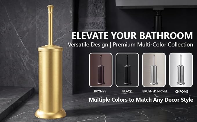 Toilet Brush and Holder Set,304 Stainless Steel Heavy Duty Toilet Brush,Extra Long Handle Toilet Bowl Brush and Holder for Bathroom,Durable,Deep Cleaning,Extra Dense Bristles (Gold)