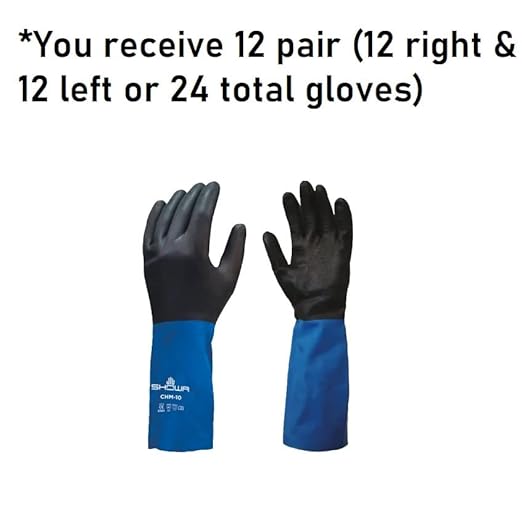 SHOWA CHM Neoprene Over Natural Rubber Latex Chemical Resistant Safety Glove with Cotton Flock Liner, Food Safe, 26 Mil Thick, 12" Length, Small (12 Pair)