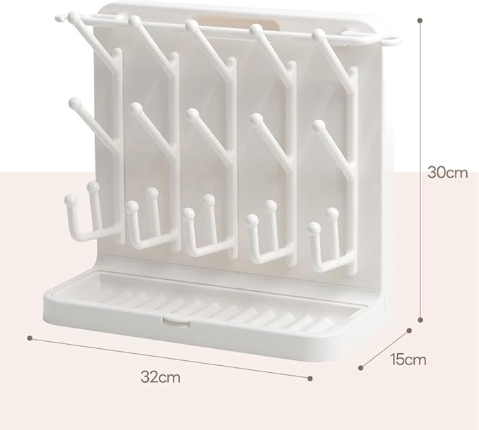 LUNELL Baby Bottle Drying Rack with 20 Hooks and Drip Tray, Large Space Saving Vertical Dryer Holder for Countertop, Storage Organizer for Pump Parts, Pacifiers, with Brush Holder, Ivory White