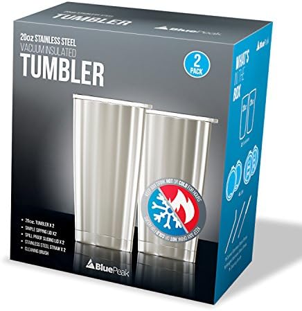 BluePeak Double Wall Stainless Steel Vacuum Insulated Tumbler Set, 2-Pack. Includes Sipping Lids, Spill-Proof Sliding Lids, Straws, Cleaning Brush & Gift Box (20oz, Pink)