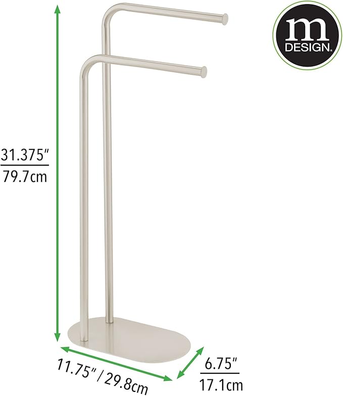 mDesign Tall Stainless Freestanding Towel Rack Holder - 2 Tier Minimalist Pedestal Hanger Holders for Kitchen and Bathroom - Racks for Bath, Hand, Dish, and Tea Towels or Washcloths - Satin