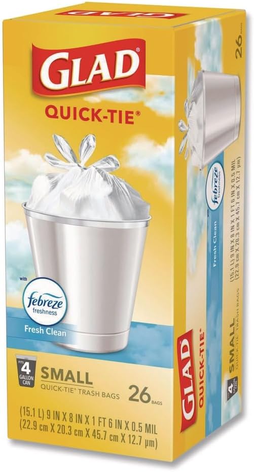 OdorShield Quick-Tie Small Trash Bags, 4 gal, 0.5 mil, 8" x 18", White, 156/Carton