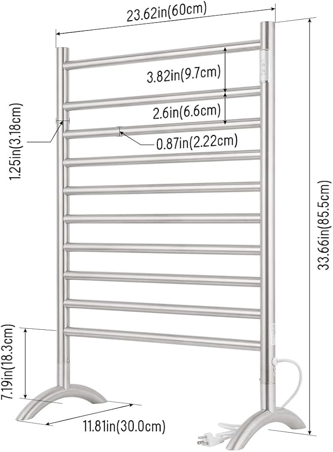 Freestanding Plug-in Towel Warmer 10-Bar Brushed Stainless Steel | Freestanding portable design for multi-scene use, ideal for bathroom, bedroom and living room.