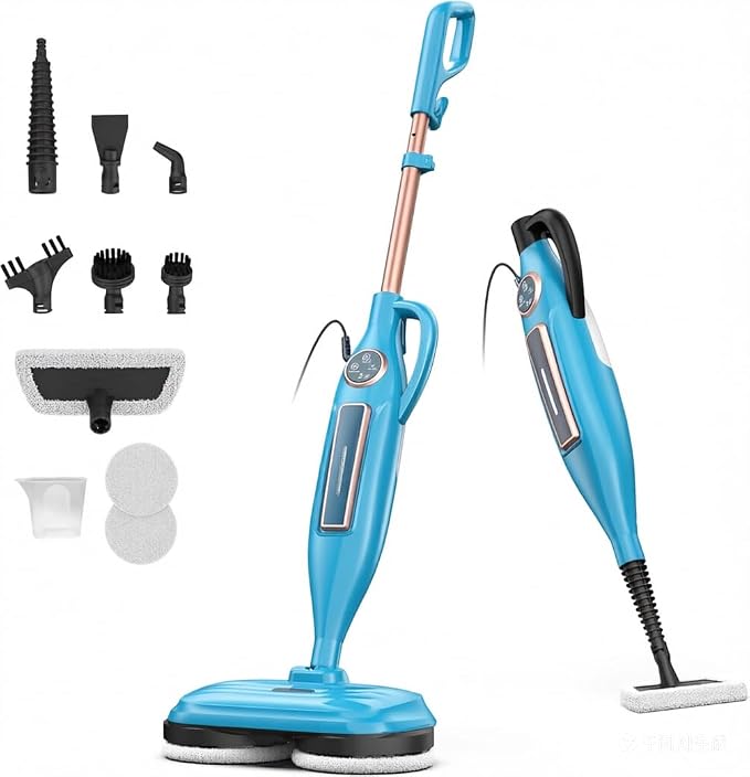 DEVOAC VM6 Scrubbing Steam Mop with Rotating Mop Pads, 10 in 1 Steam Mop, Lightweight Spin Mop & 3 Steam Modes for Hard Floor Laminate Marble Floors (Sapphire)