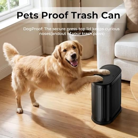 1.8 Gallon Bathroom Trash Can with Lid, Small Black Stainless Steel Press Top Garbage Can, Removable Inner Bucket, Includes 60 Trash Bags